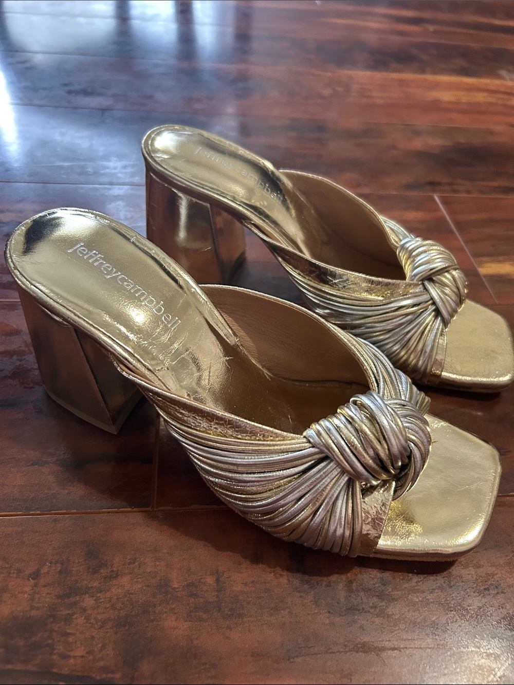 Jeffrey Campbell Metallic Gold Knotted Block Heel Mules